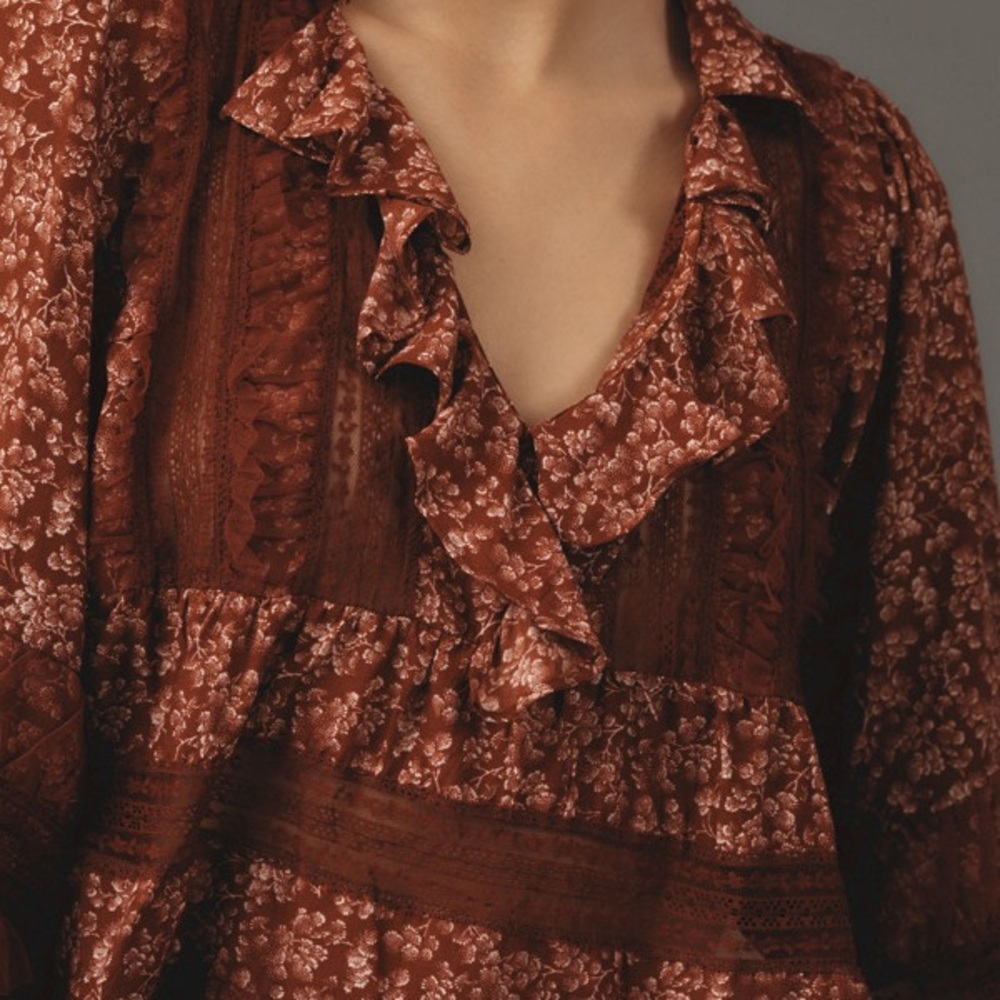 Anthropologie Burgundy Floral Ruffle Blouse - Picture 2 of 8